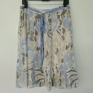 MASSINI A-Line Skirt Size 12 Light Blue Brown Tan Floral Lined Fairy Front Tie